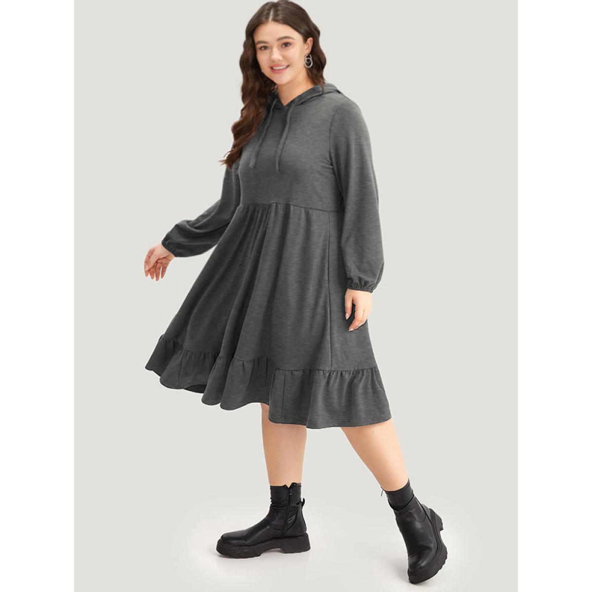 Plus Size Hooded Lantern Sleeve Flutter Hem Dress DimGray Women Casual Elastic cuffs Hooded Long Sleeve Curvy Midi Dress BloomChic 10/M Product Image