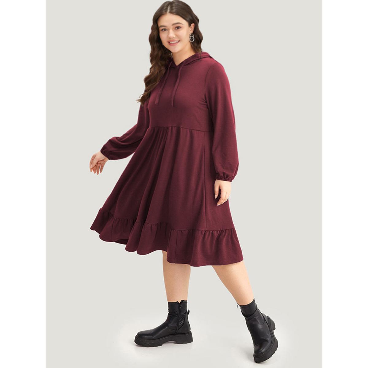 Plus Size Hooded Lantern Sleeve Flutter Hem Dress Scarlet Women Casual Elastic cuffs Hooded Long Sleeve Curvy Midi Dress BloomChic 28/5X Product Image