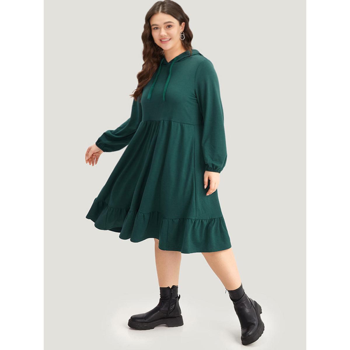 Plus Size Hooded Lantern Sleeve Flutter Hem Dress Indigo Women Casual Elastic cuffs Hooded Long Sleeve Curvy Midi Dress BloomChic 22-24/3X Product Image
