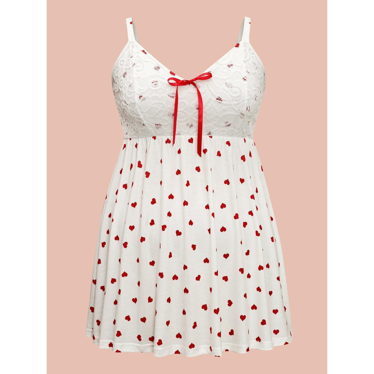 Plus Size Bow Lace Heart Print Lounge Dress Women Originalwhite Lounge Woven ribbon&lace trim V-neck Loungewear BloomChic 30/6X Product Image