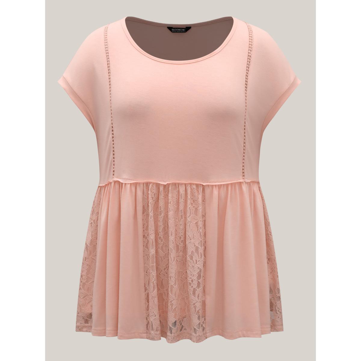 Plus Size Lace Trim Spliced Solid T-Shirt Nudepink Women Woven ribbon&lace trim Round Neck Everyday-Casual T-shirts BloomChic 12/L Product Image
