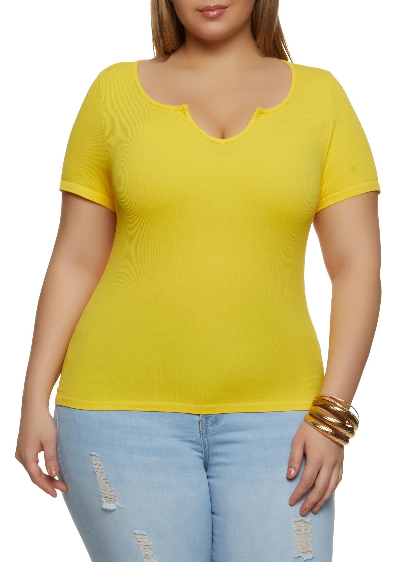 Womens Plus Size Ribbed Knit Notch Neck Basic Tee Product Image