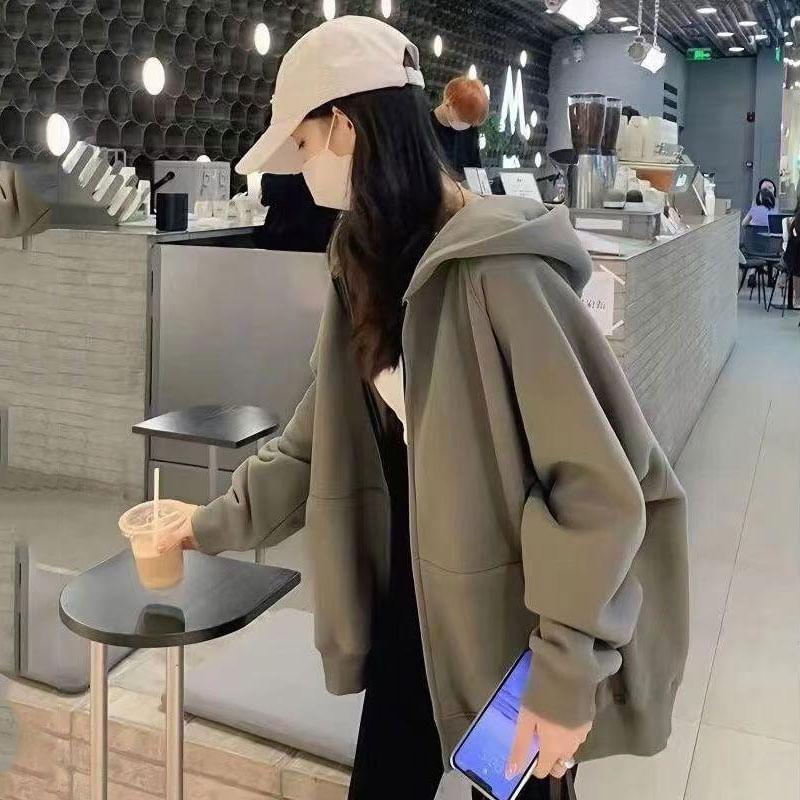 Plain Zip-Up Hoodie Product Image