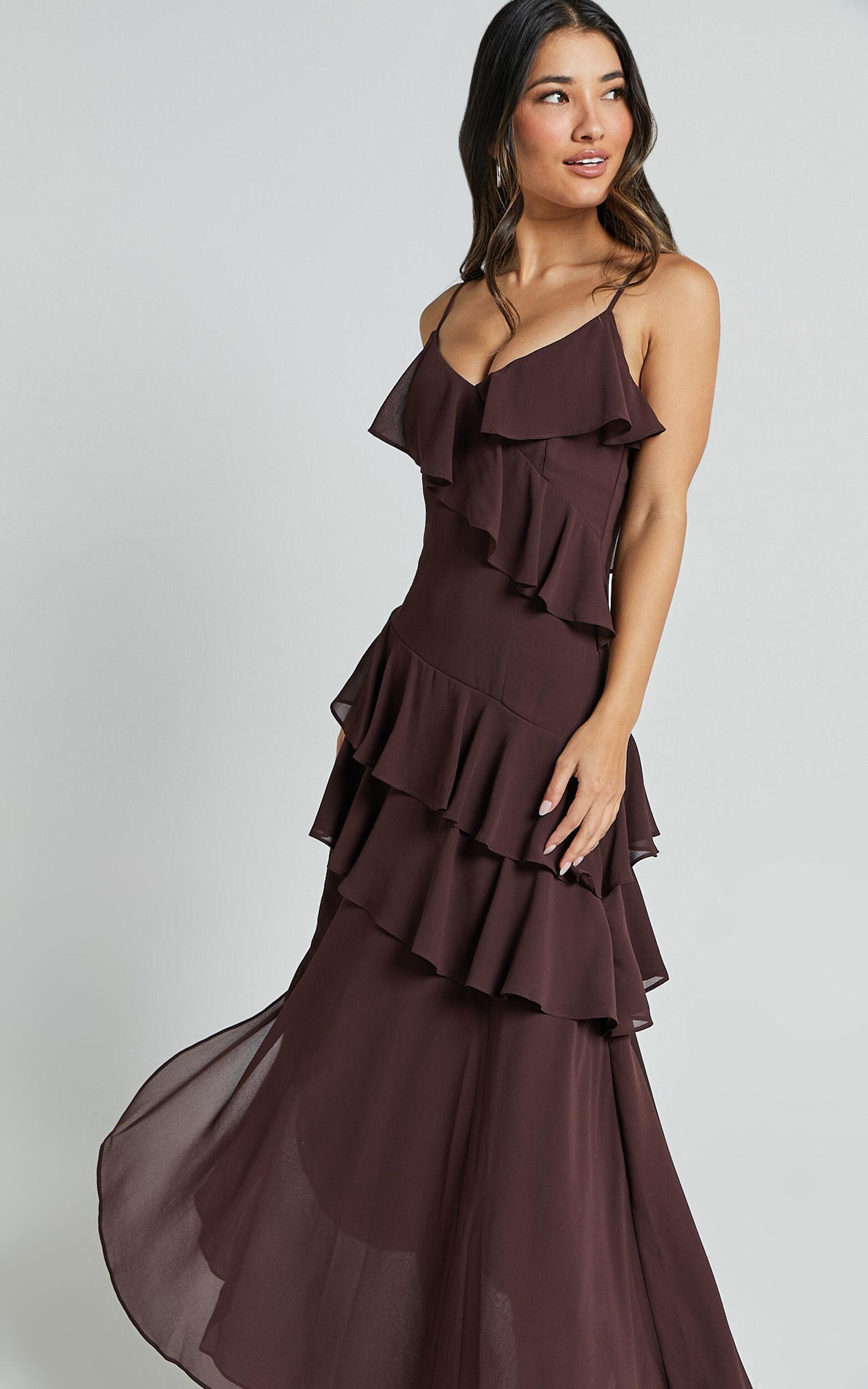 Emily Midi Dress - Strappy Asymmetric Ruffle Dress in Chocolate Product Image