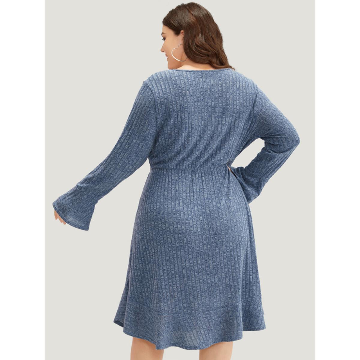 Plus Size Rib Knit Button Detail Pocket Bell Sleeve Dress Indigo Women Casual Texture V-neck Long Sleeve Curvy Midi Dress BloomChic 26/4X Product Image