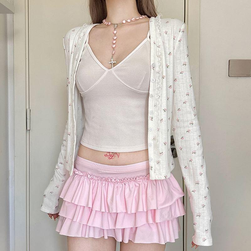 V-Neck Floral Embroidered Lace Trim Button-Up Cardigan Product Image