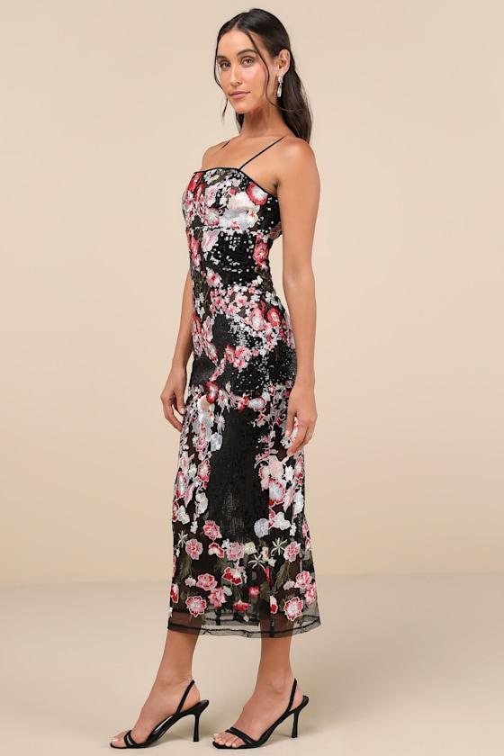 Stunning Impact Black Sheer Embroidered Floral Sequin Midi Dress Product Image