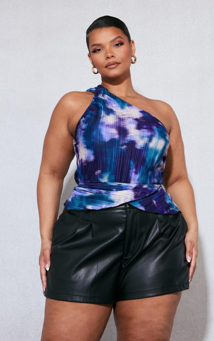  Plus Blue Tie Dye Plisse High Neck Long Top Product Image
