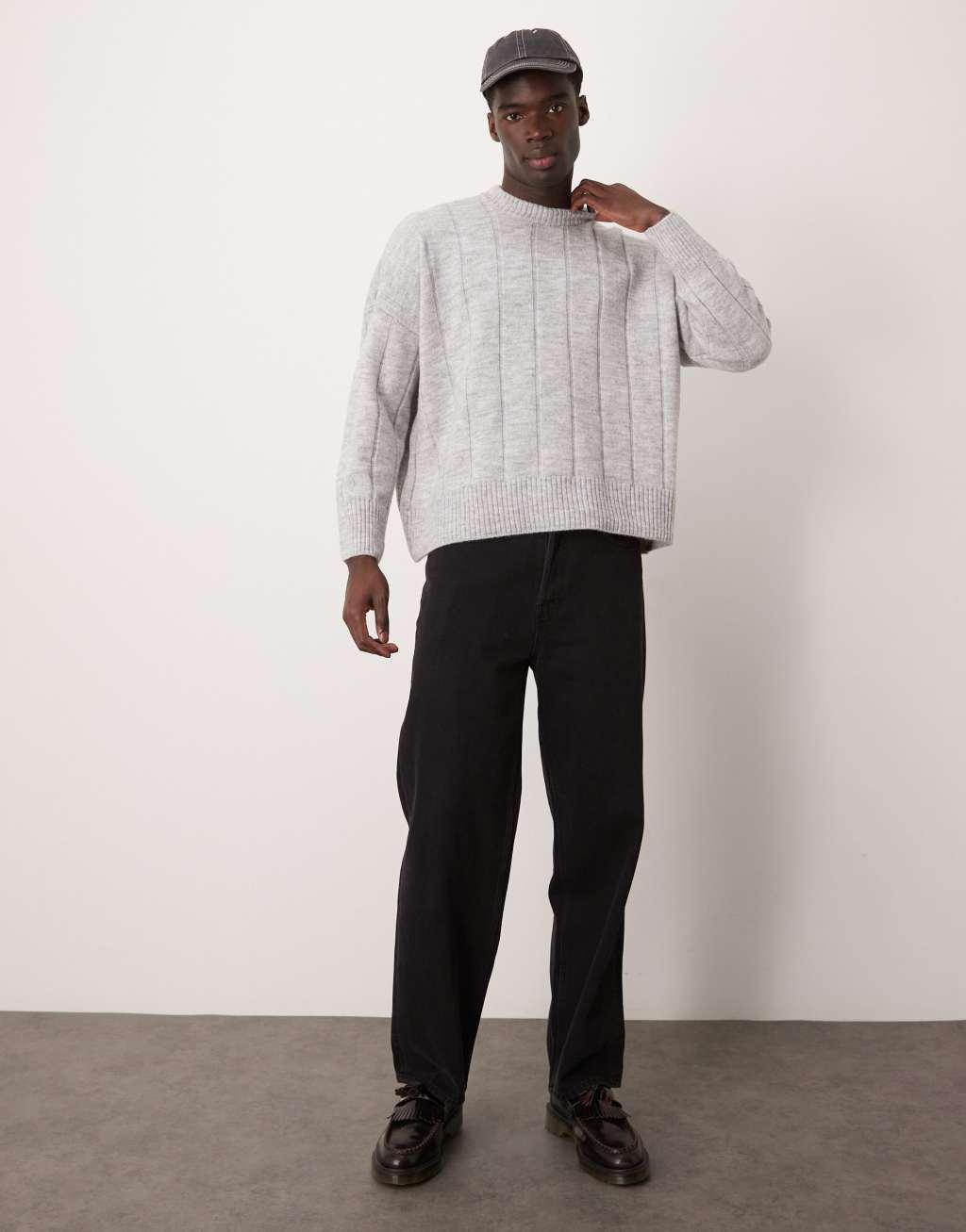 ASOS DESIGN super oversized boxy crew neck sweater with wide rib in gray heather Product Image