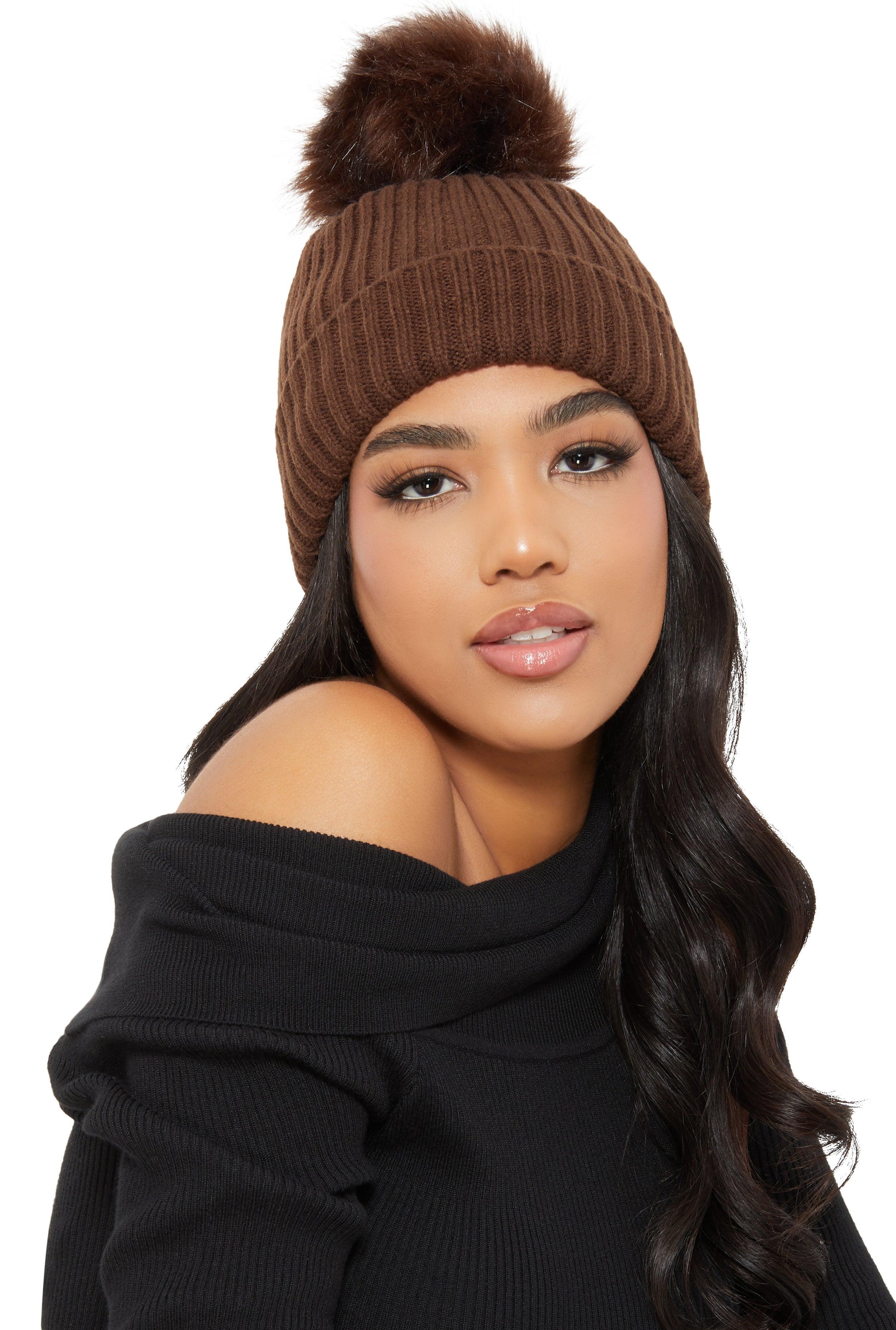 Ribbed Knit Faux Fur Pom Pom Beanie Female Product Image