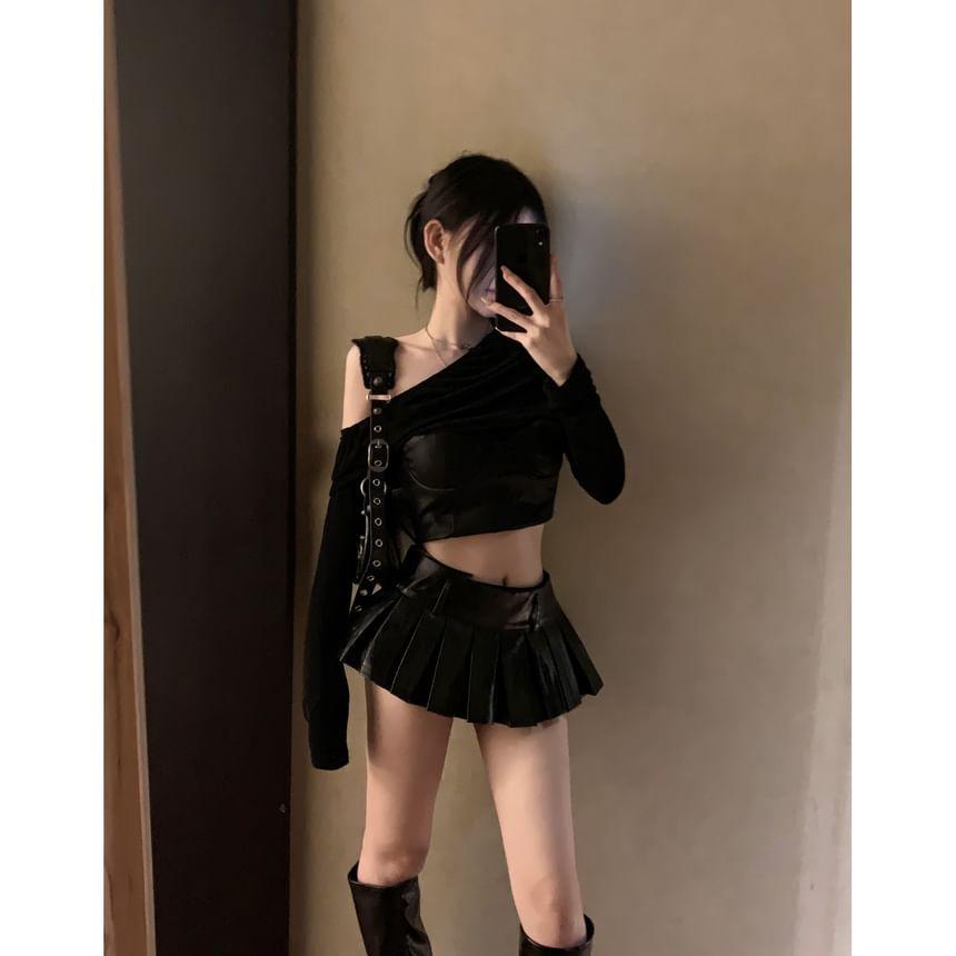 Long-Sleeve Off-Shoulder Mock Two-Piece Plain Slim Fit Crop Top / High Waist Pleated Faux Leather Mini A-Line Skirt Product Image