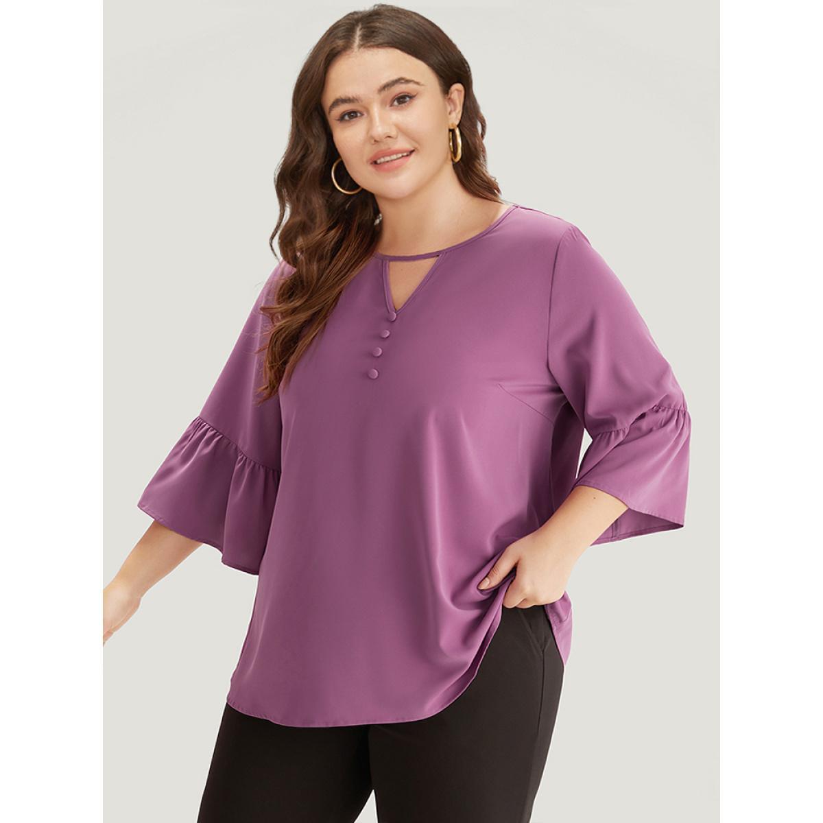 Plus Size Mauve Plain Keyhole Bell Sleeve Button Detail Blouse Women Office Elbow-length sleeve V-neck Work Blouses BloomChic 14-16/1X Product Image