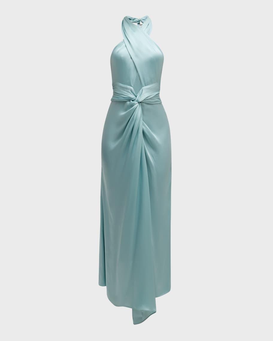 Plunging Halter Draped Open-Back Satin Maxi Dress Product Image