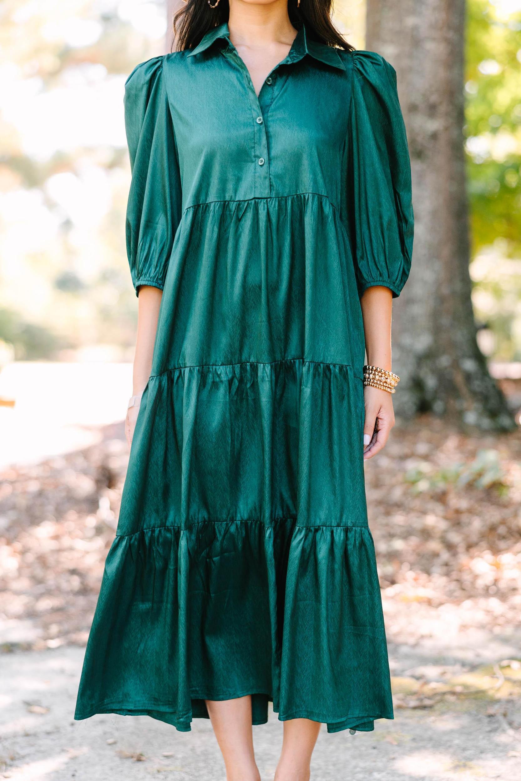 All The Love Hunter Green Satin Midi Dress Female Product Image