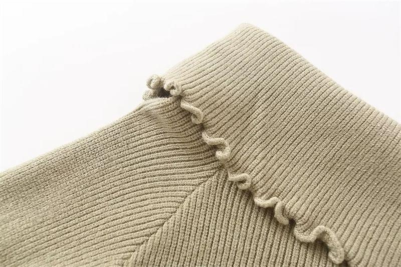 Long Sleeve Boat Neck Plain Frill Asymmetrical Knit Top Product Image