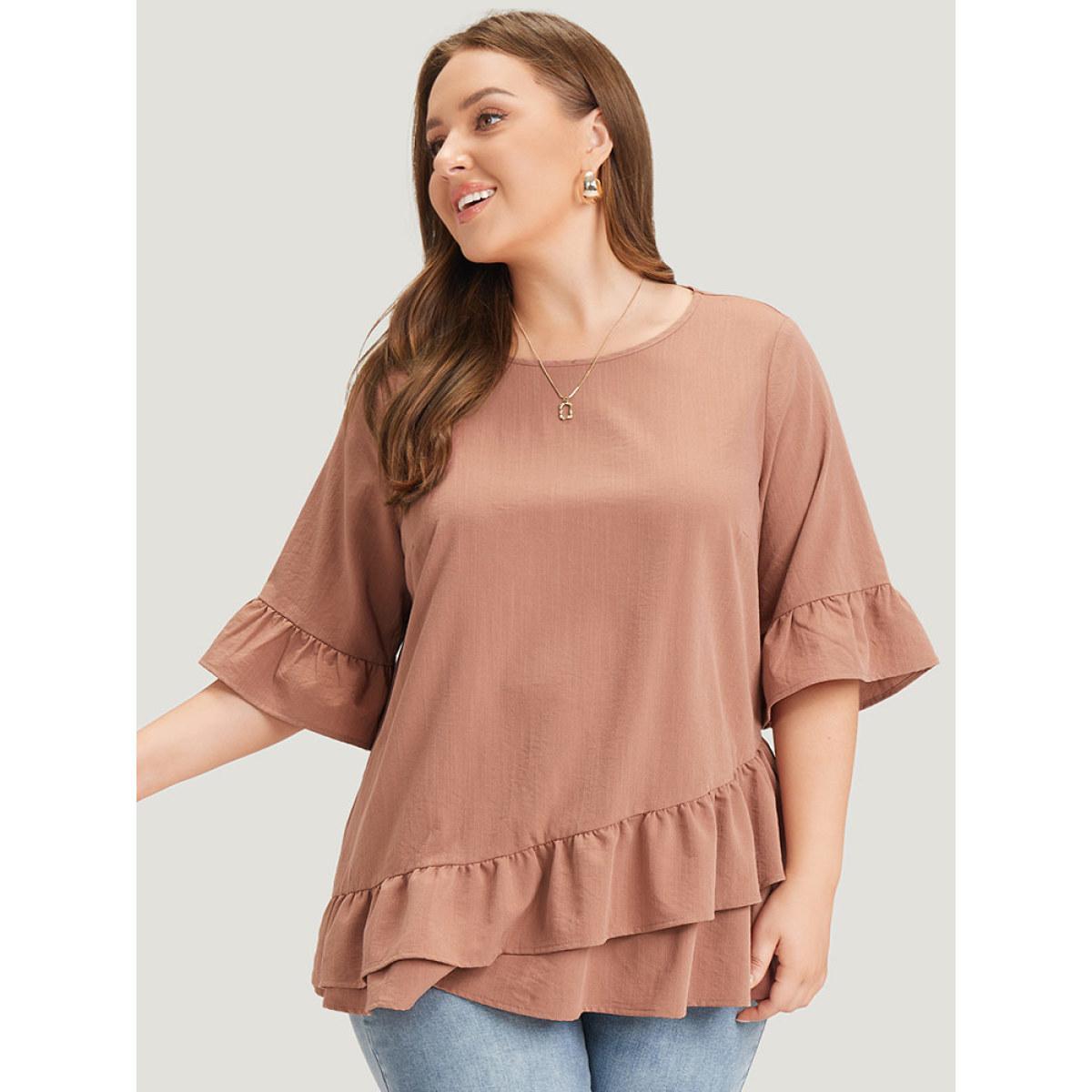 Plus Size Rouge Solid Bell Sleeve Ruffle Layered Blouse Women Elegant Half Sleeve Round Neck Dailywear Blouses BloomChic 12/L Product Image