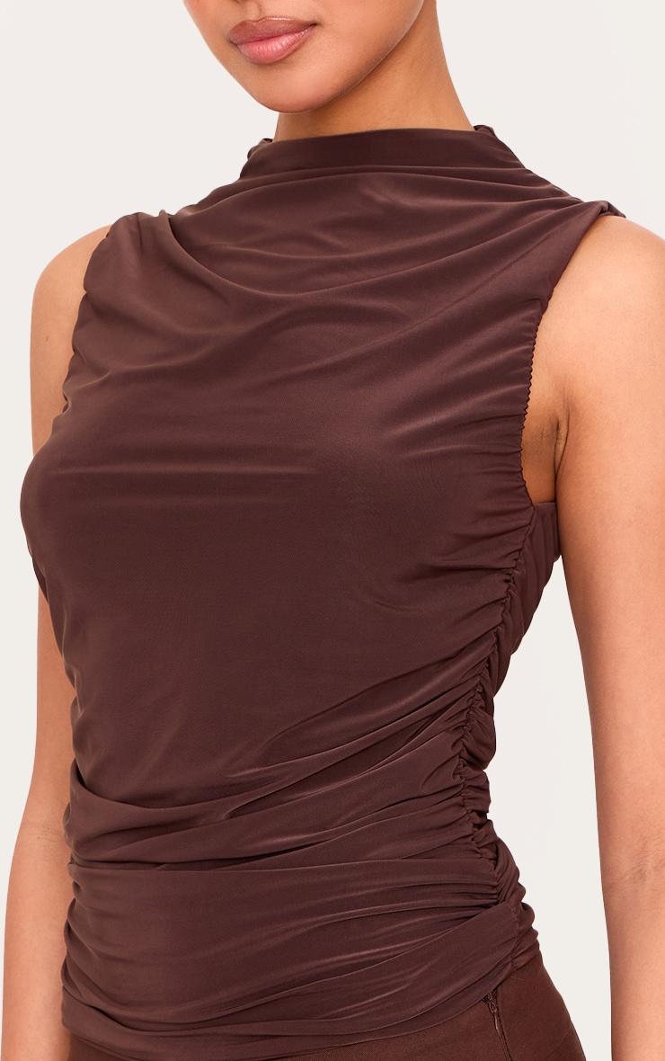 Chocolate Double Layer Slinky Ruched Detail Long Top Product Image