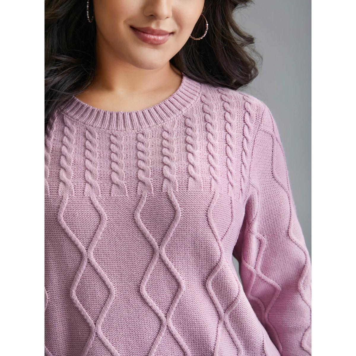 Plus Size Crew Neck Cable Knit Textured Pullover Lilac Women Casual Loose Long Sleeve Round Neck Everyday Pullovers BloomChic 12/L Product Image