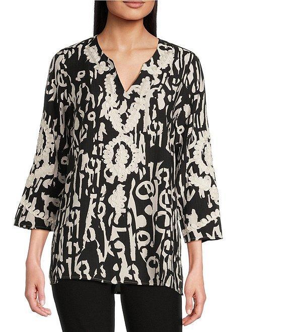 Calessa Printed Soutache Embroidered Split V-Neck 3/4 Sleeve Top Product Image