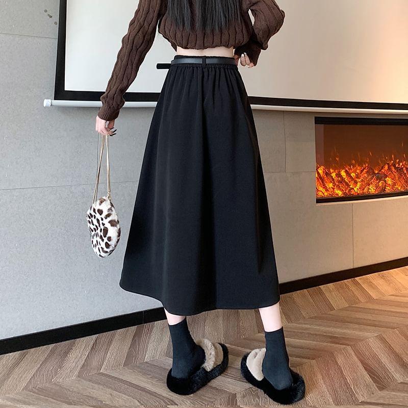 High Waist Plain Midi A-Line Skirt Product Image