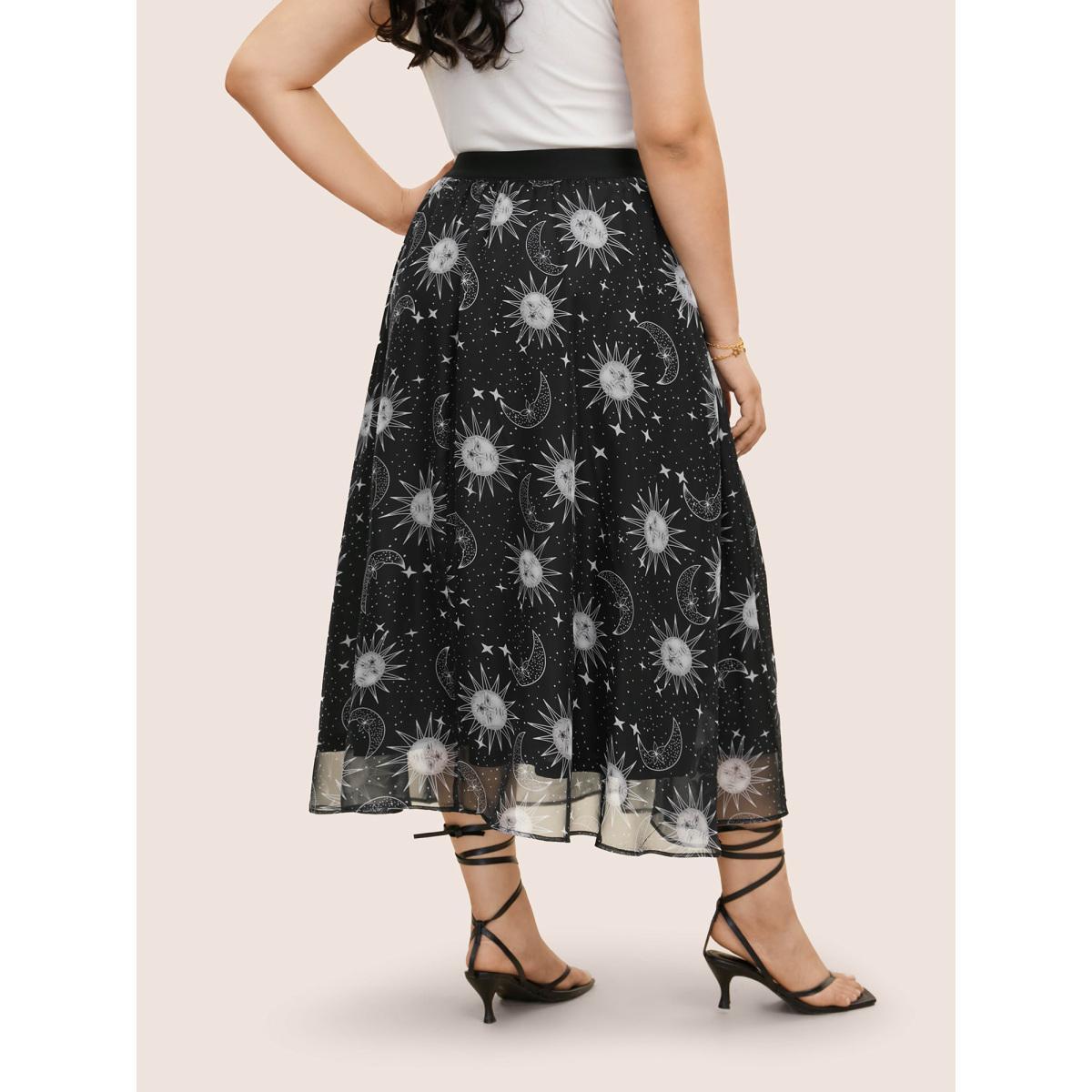 Plus Size Moon & Star Print Mesh Pocket Skirt Women Black Resort See through Loose No stretch Side seam pocket Vacation Skirts BloomChic 26/4X Product Image