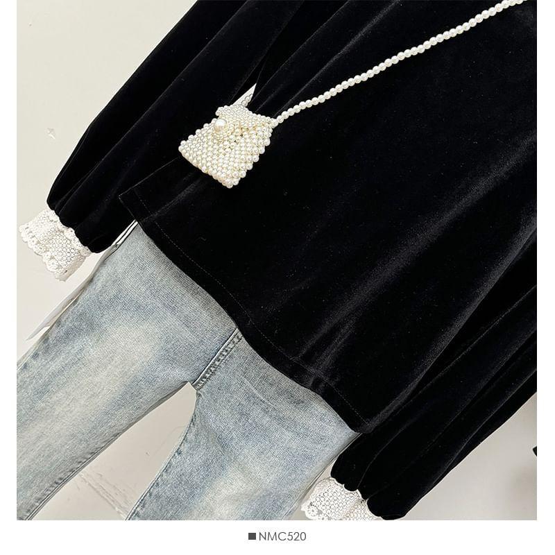 Lace-Trim Loose Velvet Blouse Product Image
