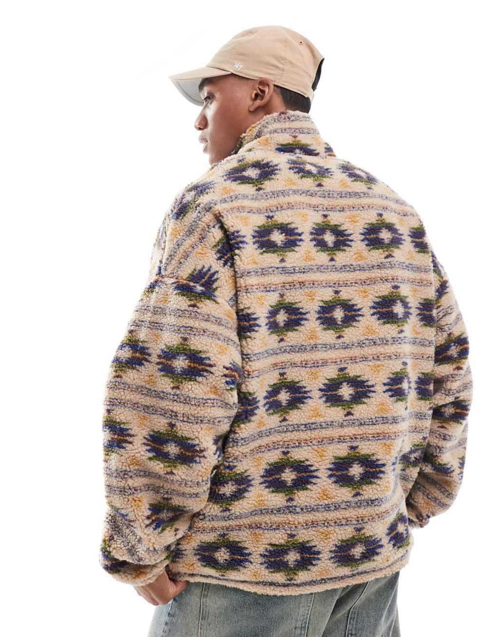 Jack & Jones printed heavy borg quarter zip in beige Product Image