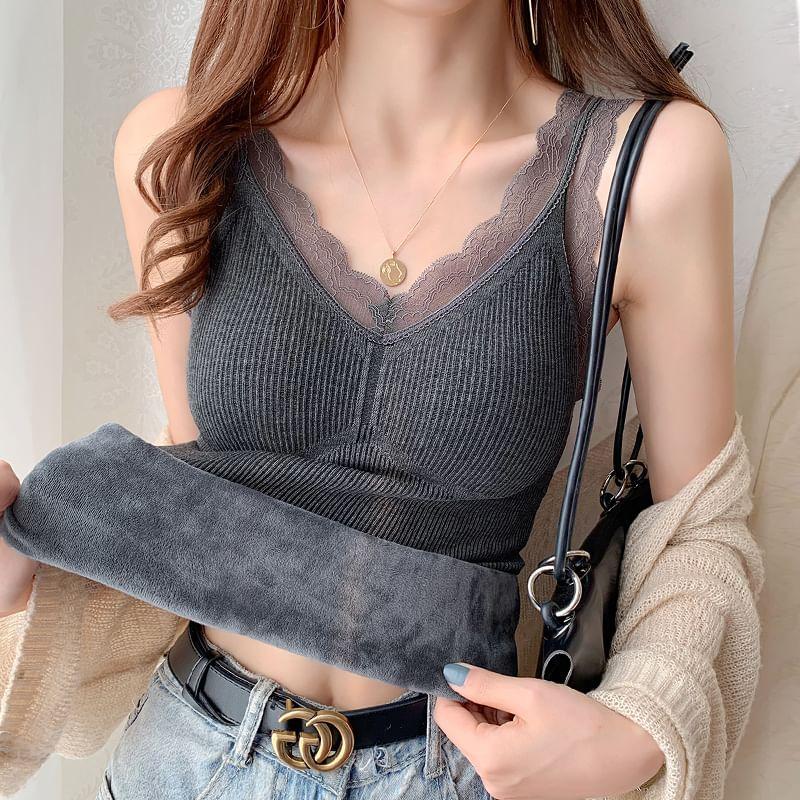 Lace Trim Fleece-Lined Camisole Top Product Image