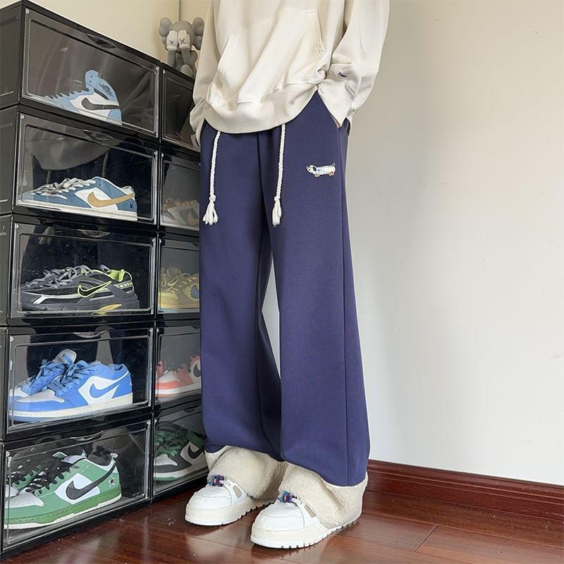 Elastic Waist Fleece Panel Dog Applique Loose Fit Sweatpants Product Image