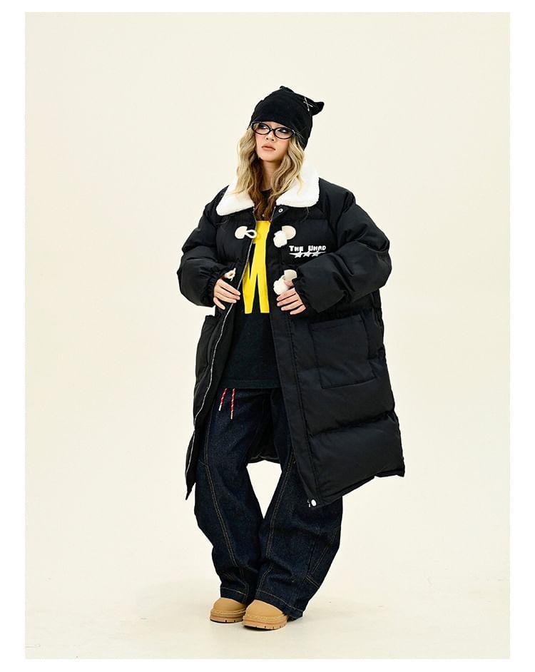 Collared Two Tone Lettering Long Puffer Coat Product Image