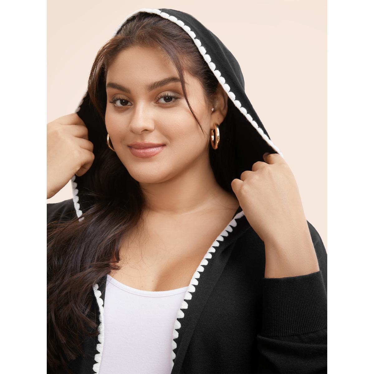 Plus Size Supersoft Essentials Contrast Trim Hooded Cardigan Black Women Casual Loose Long Sleeve Everyday Cardigans BloomChic 10/M Product Image