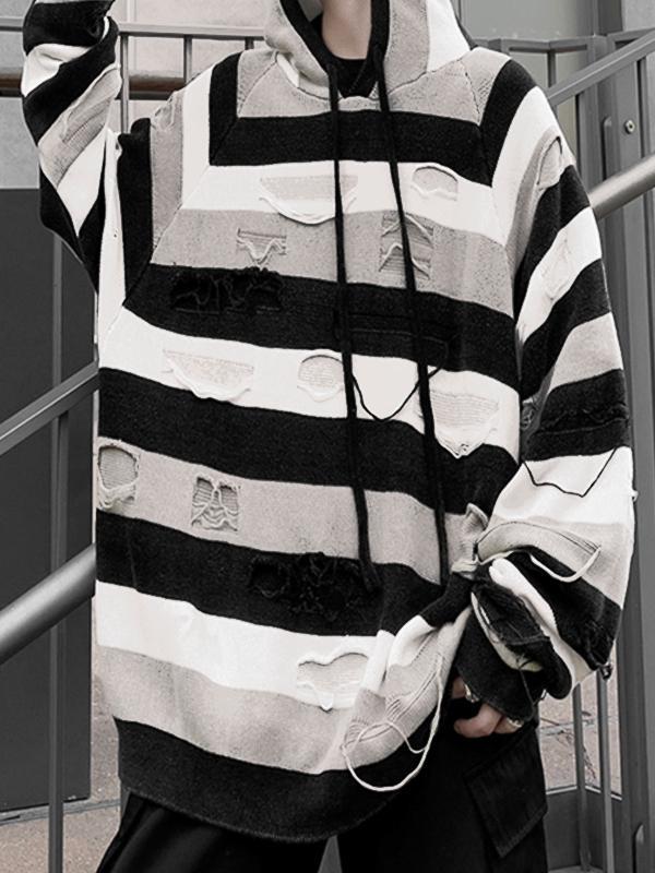 Men's Contrast Striped Ripped Hooded Sweater Product Image