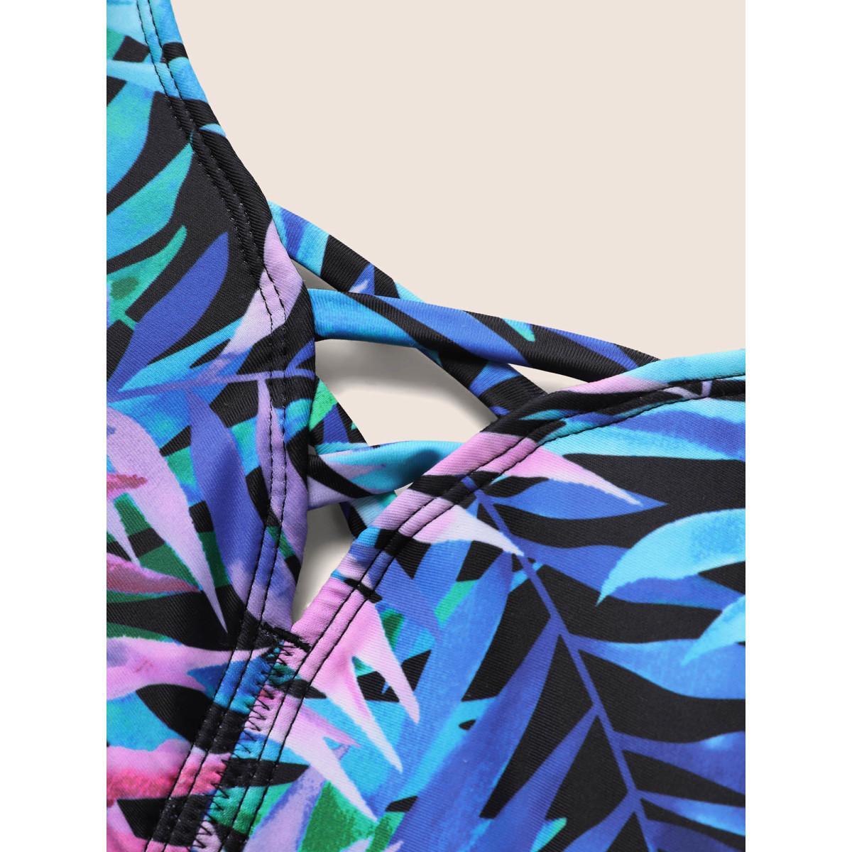 Plus Size Tropical Print Crisscross Split Hem Swim Dress Women's Swimwear Multicolor Beach Bodycon Heart neckline High stretch Curve Swim Dresses BloomChic 14-16/1X Product Image