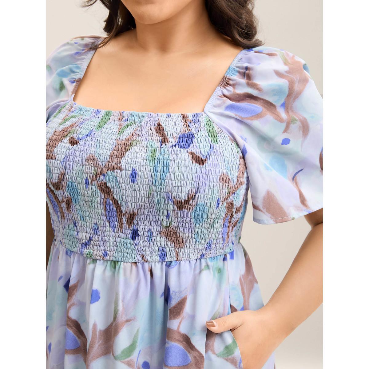 Plus Size Floral Pattern Shirred Pockets Midi Dress LightBlue Women Square Neck Short sleeve Curvy BloomChic 28/5X Product Image