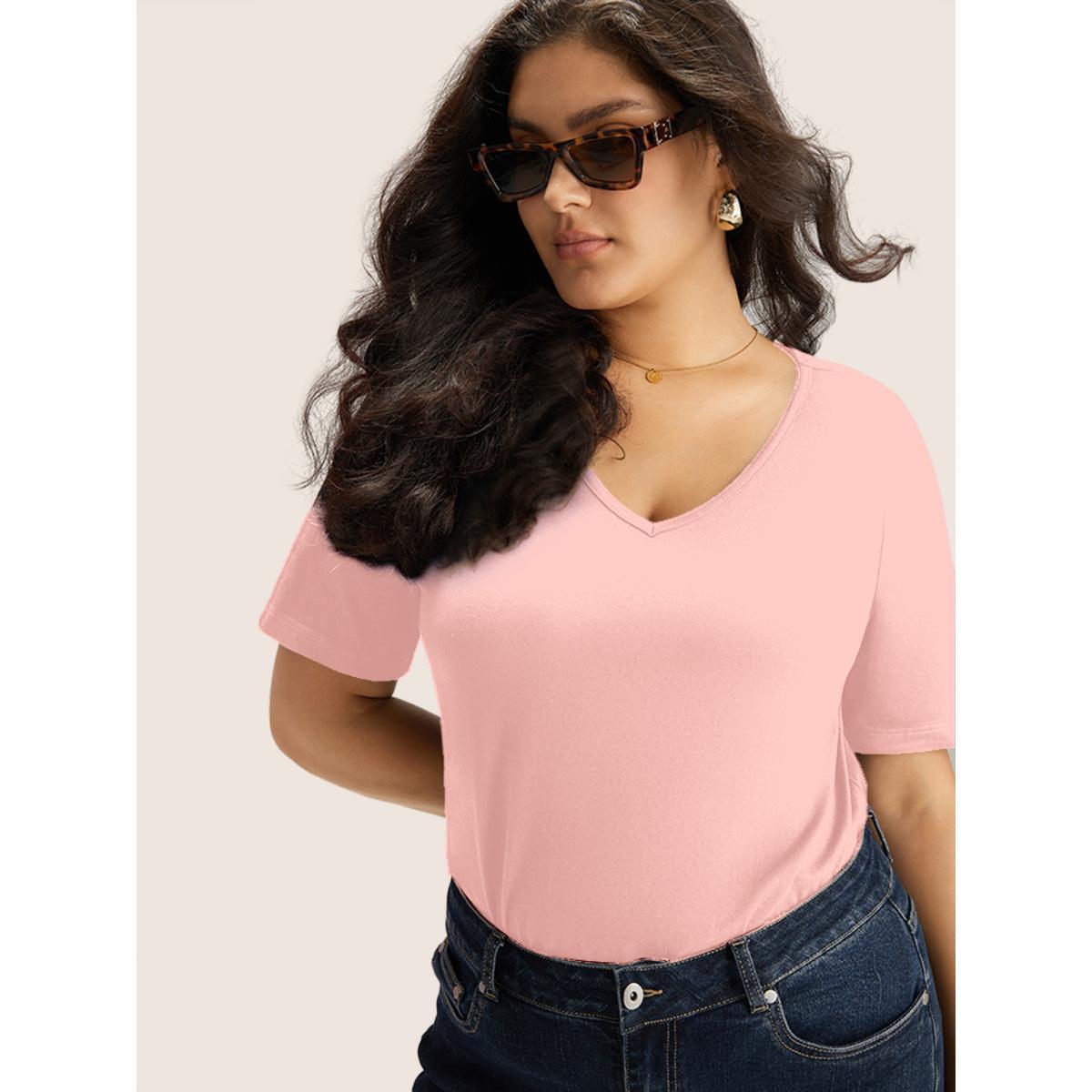 Plus Size Cotton V Neck Plain Basic T-shirt Lightpink Women Basics Non Plain V-neck Everyday T-shirts BloomChic 14-16/1X Product Image