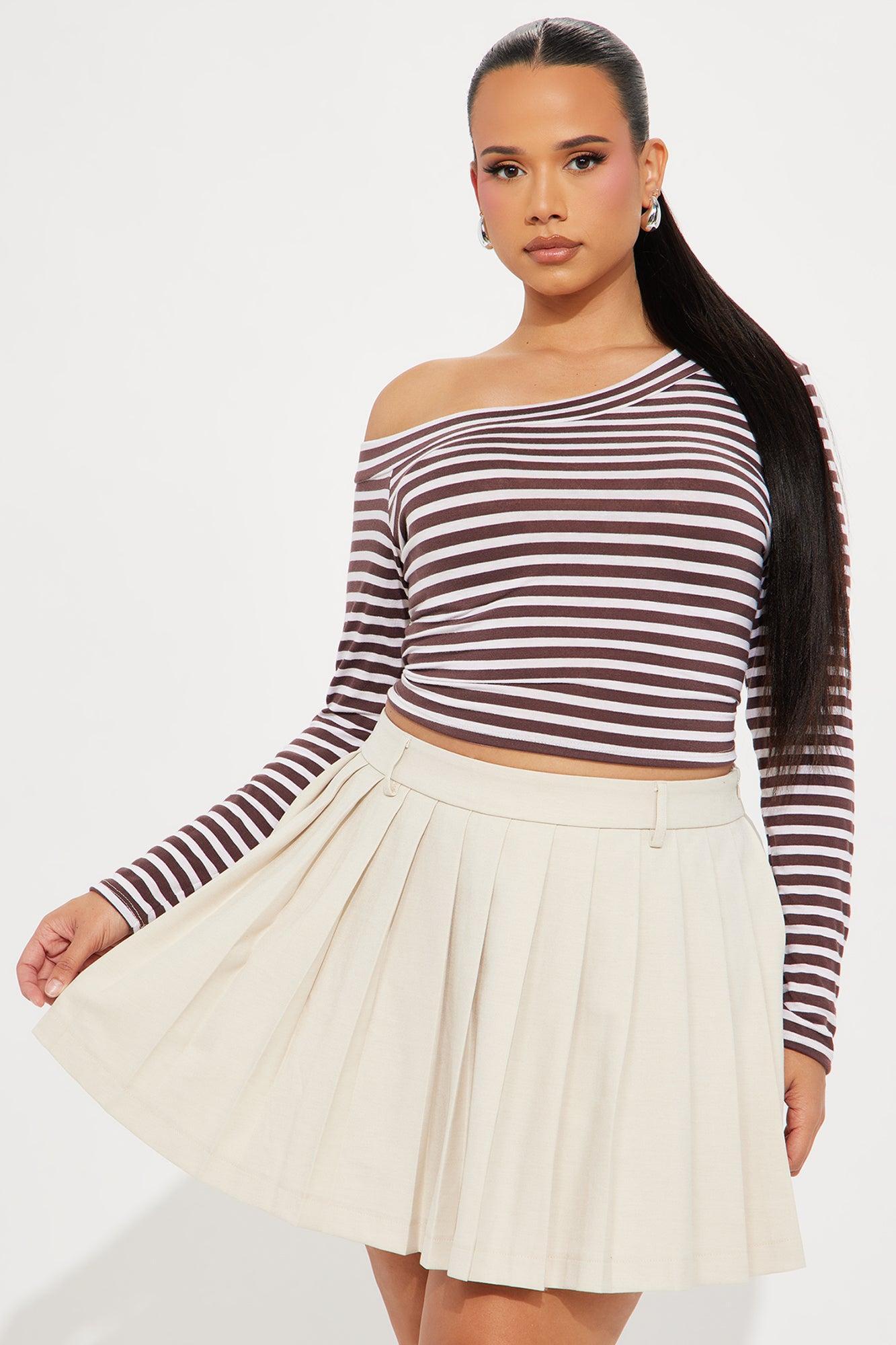 Natural Charm Off Shoulder Long Sleeve Top - Brown/combo Product Image