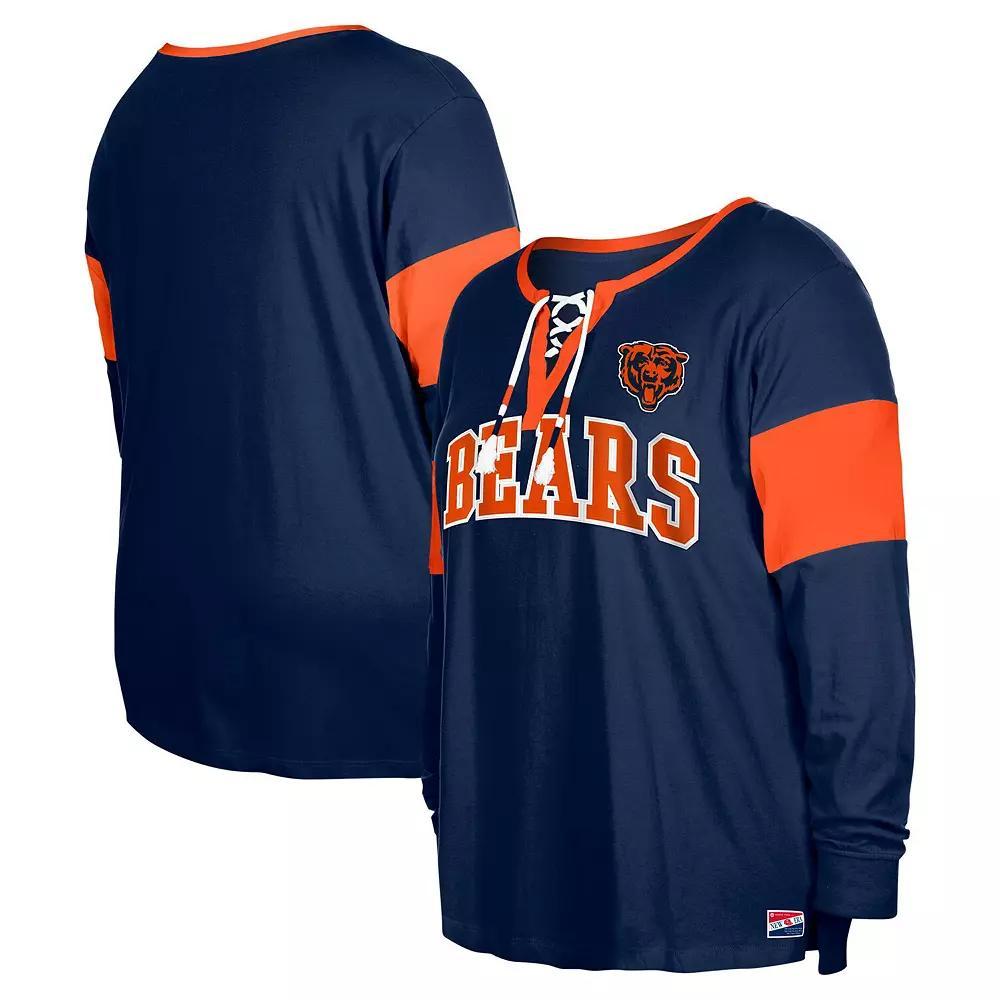 Women's New Era Navy Chicago Bears Plus Size Lace-Up Notch Neck Long Sleeve T-Shirt, Size: 4XL, Blue Product Image