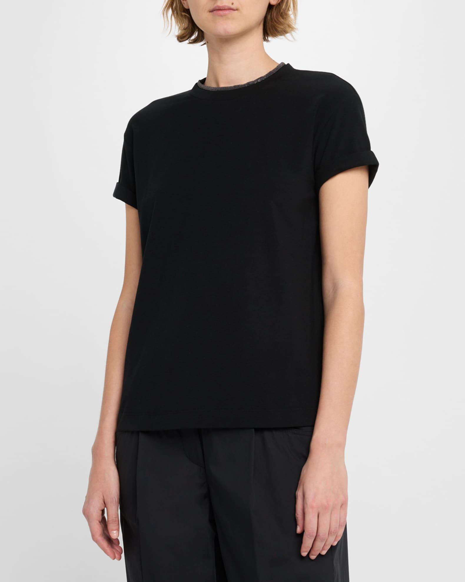 Monili-Neck Short-Sleeved Flat Cotton T-Shirt Product Image