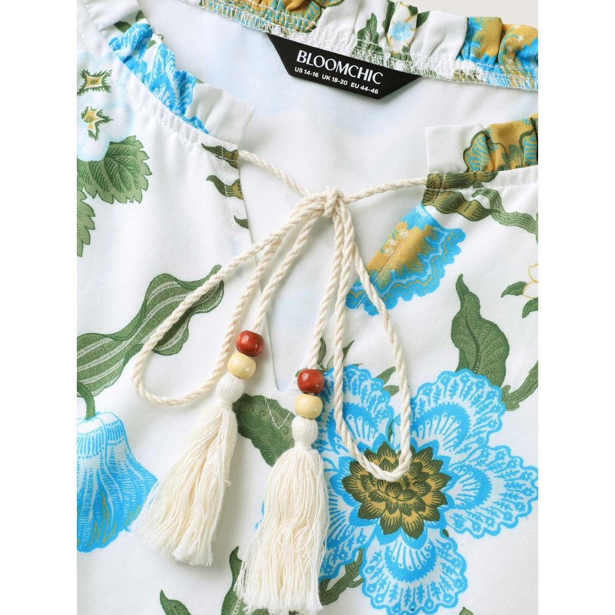 Plus Size Floral Print Beaded Tassel Neck Midi Dress WhiteSmoke Women Tie knot Flat collar with V-notch Elbow-length sleeve Curvy BloomChic 26/4X Product Image