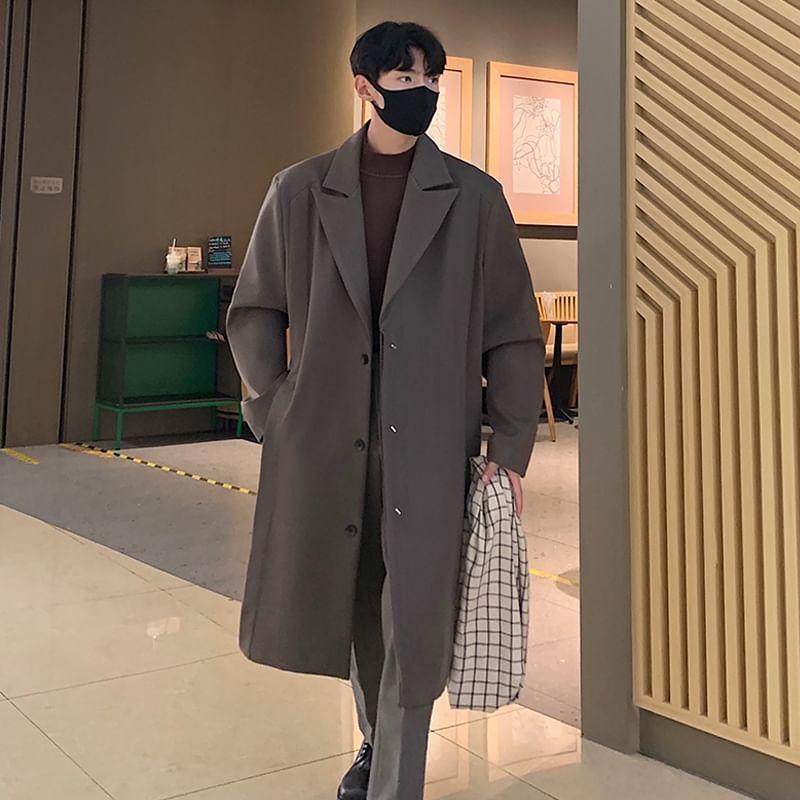 Lapel Collar Plain Single-Breasted Long Coat Product Image