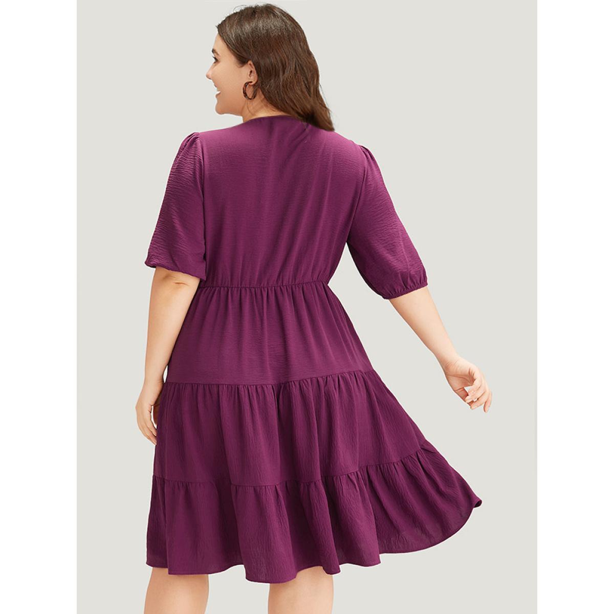 Plus Size Solid Shirred Pocket Frill Trim Layered Dress Purple Women Elegant Plain V-neck Short sleeve Curvy Midi Dress BloomChic 14-16/1X Product Image