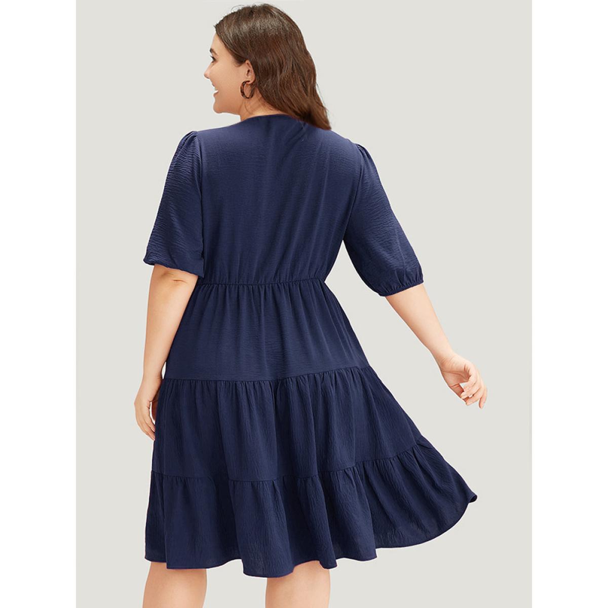 Plus Size Solid Shirred Pocket Frill Trim Layered Dress DarkBlue Women Elegant Plain V-neck Short sleeve Curvy Midi Dress BloomChic 18-20/2X Product Image
