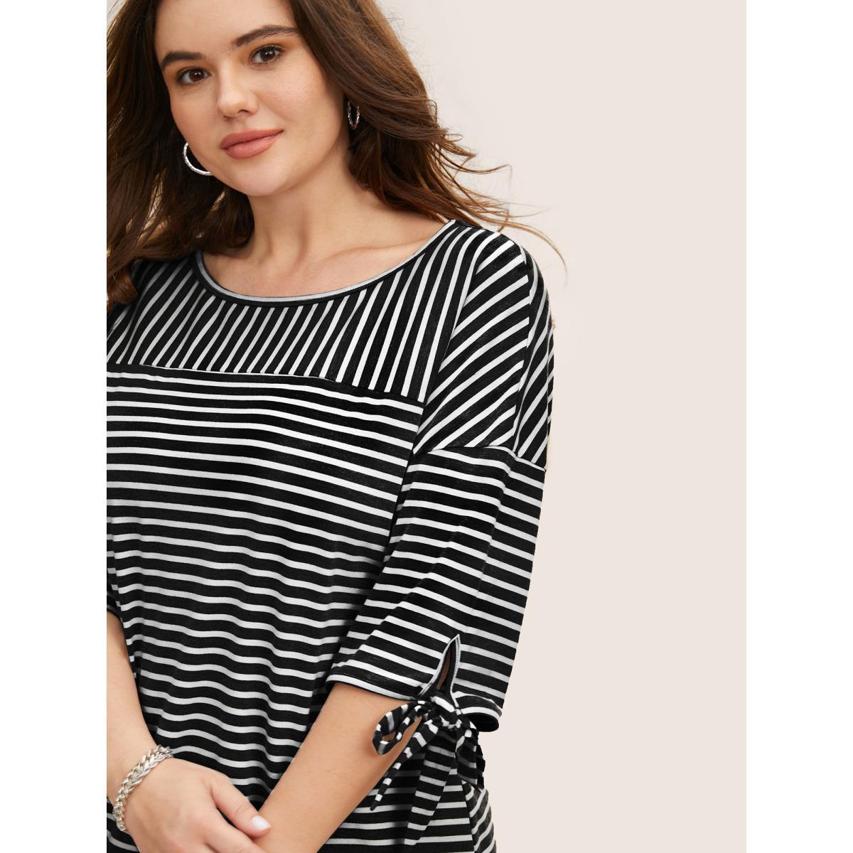 Plus Size Striped Boat Neck Tie Knot T-shirt Black Women Casual Tie knot Boat Neck Everyday T-shirts BloomChic 14-16/1X Product Image