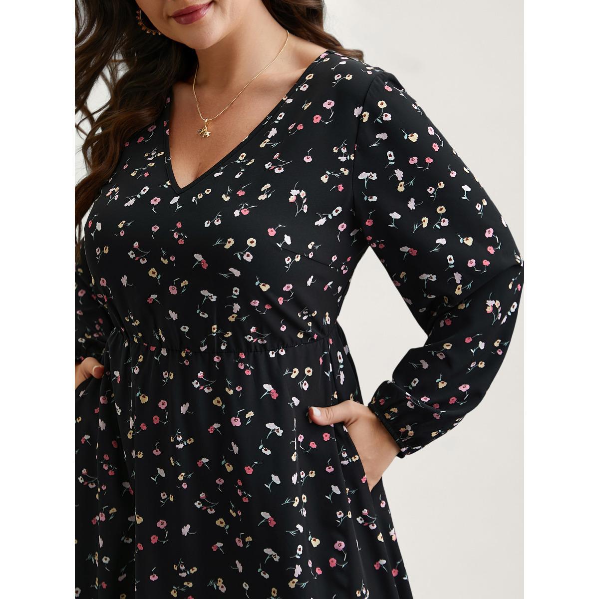 Plus Size Floral Print V-Neck Waist-Defined Midi Dress BlackFlower Women Elegant Non V-neck Long Sleeve Curvy BloomChic 30/6X Product Image