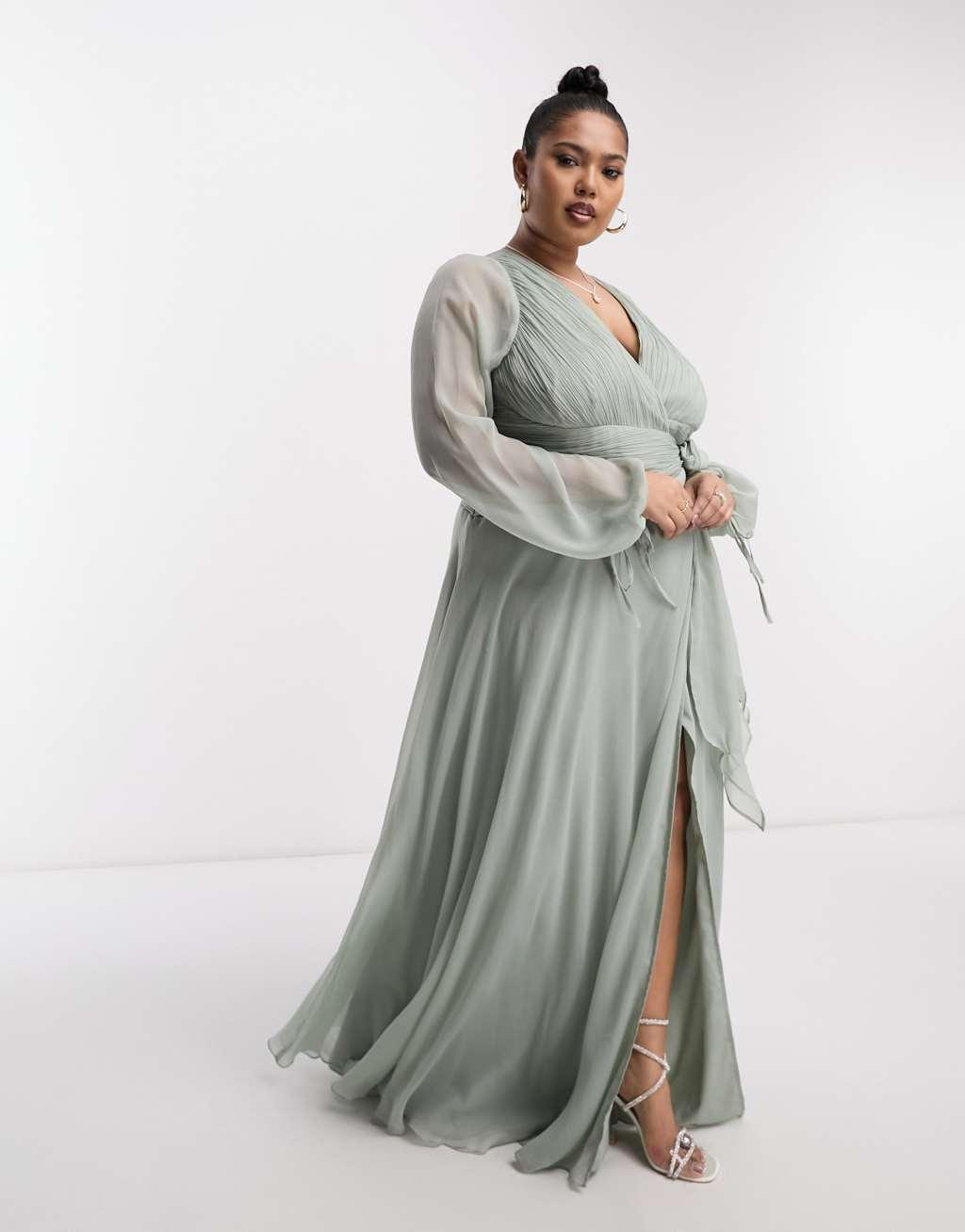 ASOS DESIGN Curve bridesmaid long sleeve ruched maxi dress with wrap skirt Product Image