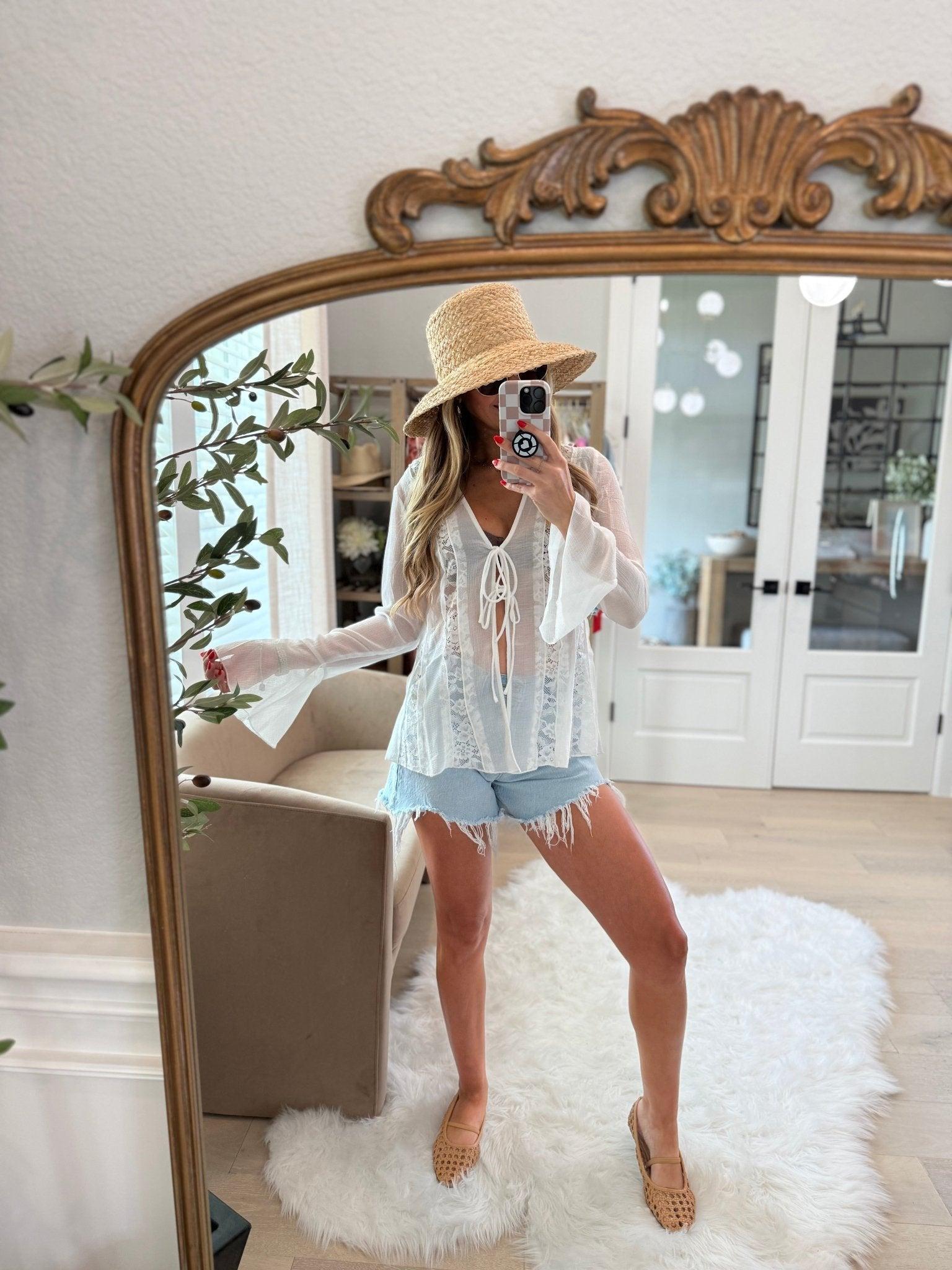 White Bell Sleeve Sheer Lace Top Product Image