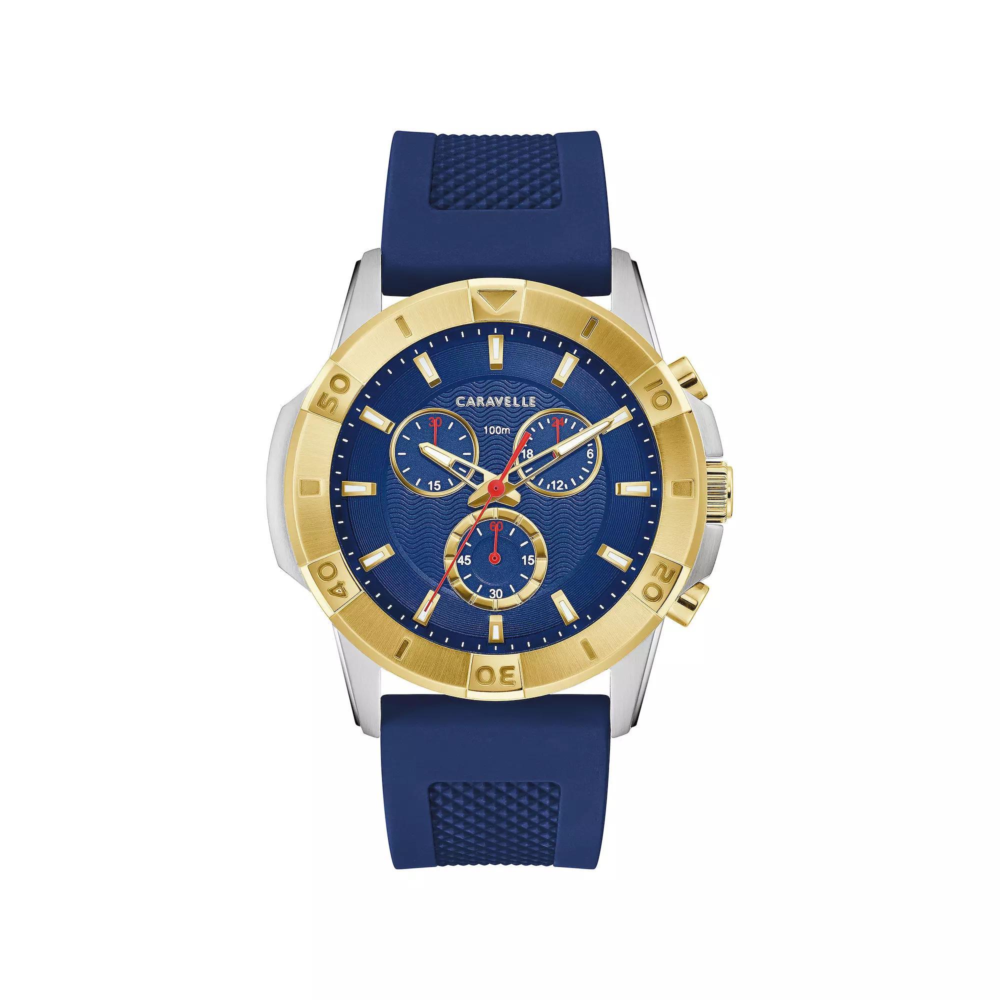 Caravelle by Bulova Mens Two-Tone Stainless Steel Blue Chronograph Dial Silicone Strap Watch - 45B161 Product Image