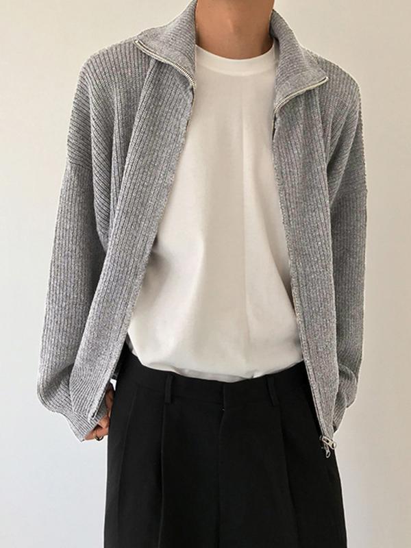 Men's Solid Color Zipper Cardigan Sweater Product Image