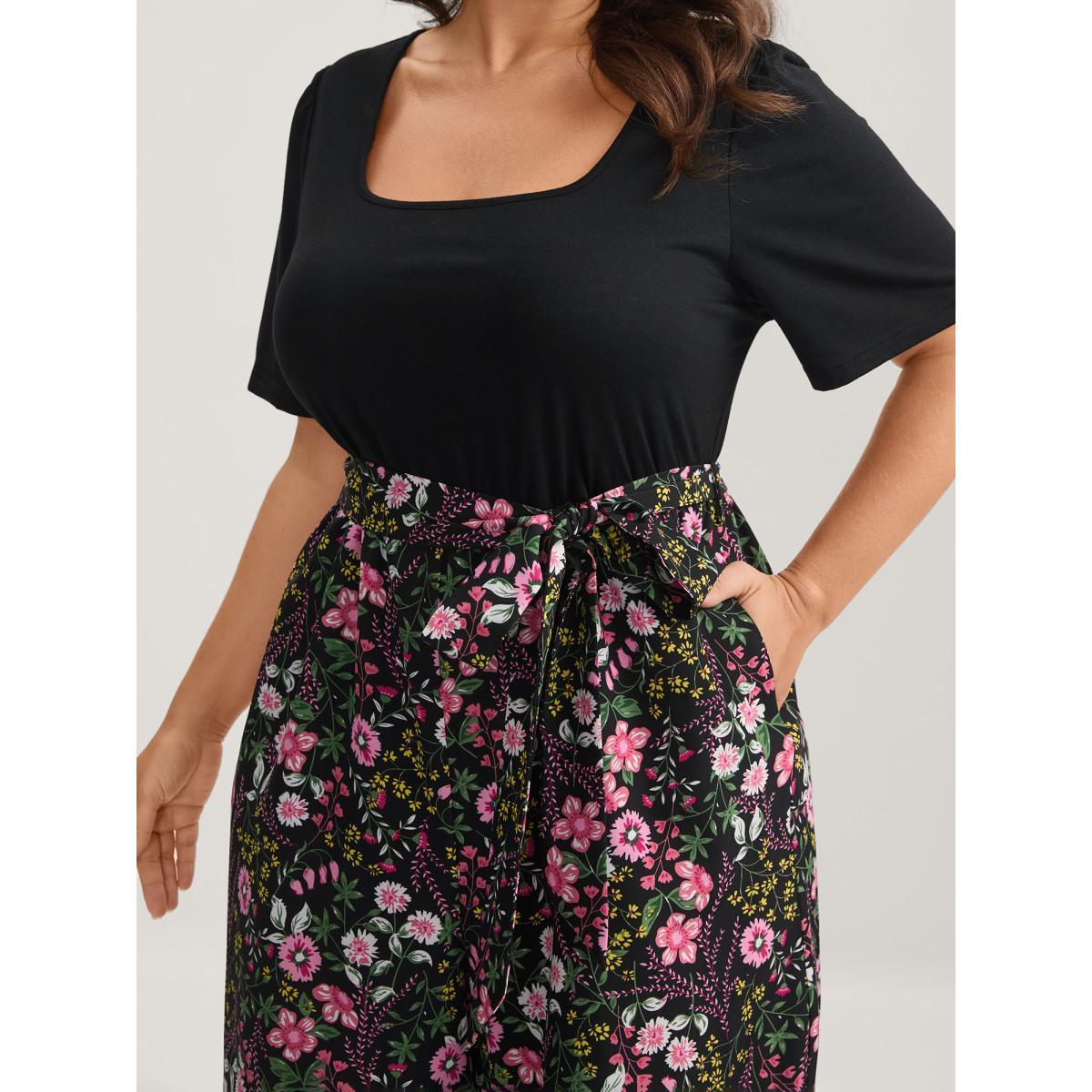 Plus Size BlackFlower Color Contrast Belted Panel Pockets Jumpsuit Women Elegant Short sleeve Square Neck Everyday-Elegant Loose Jumpsuits BloomChic 10/M Product Image