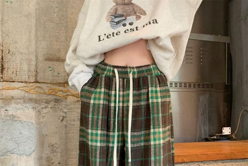 Drawstring Waist Plaid Loose-Fit Pants Product Image